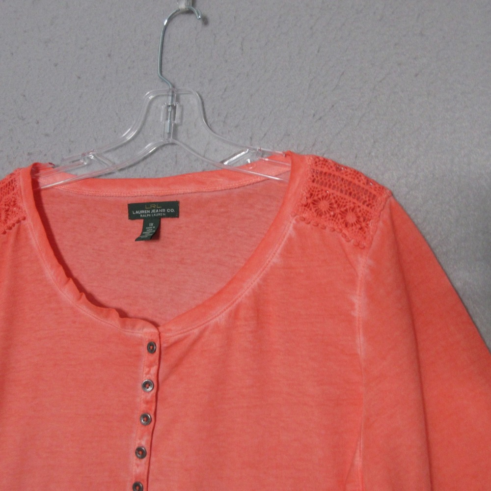 Lauren Ralph Lauren Henley Top 1X Orange Crochet Dainty Coastal Lightweight Boho